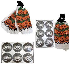 Vintage 1983 Wilton Halloween Mini Jack O Lantern Pumpkin Cake Pan & Vtg Towel